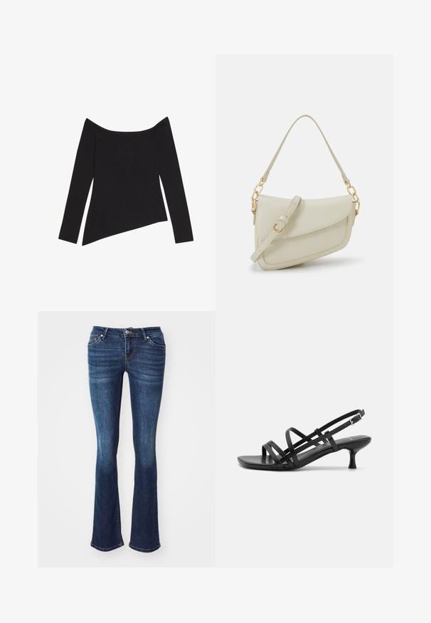 Must have-seljas, millel on must off-the-shoulder disain, pikad varrukad, ribakujuline tekstuur ja asümmeetriline äärejoon, esitleb liibuvat lõiget ja pehmet kangast.; Tumedat sinised laienevad teksad, mis on valmistatud denimist. Omab viit taskut, lukuga lend ja nupuga sulgus ning peent pleekimist eesreites.; Mustad musta kandaga sandaalid, millel on mitmed risti minevad rihmad. Sile materjal, terav nina ja kitsas konts. Reguleeritav pahkluuri rihm klambriga.; Väike kreemjas käekott tekstureeritud viimistlusega, pikendatav rihm, ketiläbimõõt ja klapiga sulgemine. Kuldsed metalldetailid.; Kuldne rõngassõrmused sileda ja läikiva viimistlusega. Ringikujuline disain, millel on väike post ja selge tagumine külg, et tagada kindel kandmine.