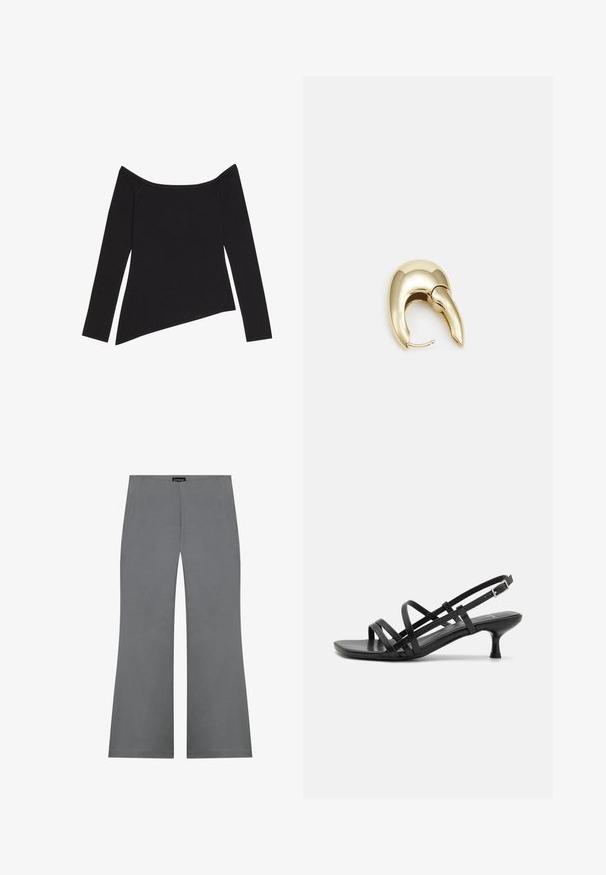 Schwarzes, schulterfreies Langarmoberteil mit gerippter Textur und asymmetrischem Saum, das ein enganliegendes Design und einen weichen Stoff zeigt.; Graue Schlaghosen mit glatter Textur, hohem Bund und einem klaren Design. Keine sichtbaren Muster oder hardwarebezogene Details.; Schwarze High Heels Sandalen mit mehreren überkreuzten Riemen. Glattes Material, spitze Zehenpartie und schmaler Absatz. Verstellbarer Knöchelriemen mit Schnalle.; Ohrringe aus goldfarbenem Metall mit einem schlanken, geschwungenen Design. Sie verfügen über eine markante, spitze Form, eine polierte Oberfläche und einen Scharnierverschluss.