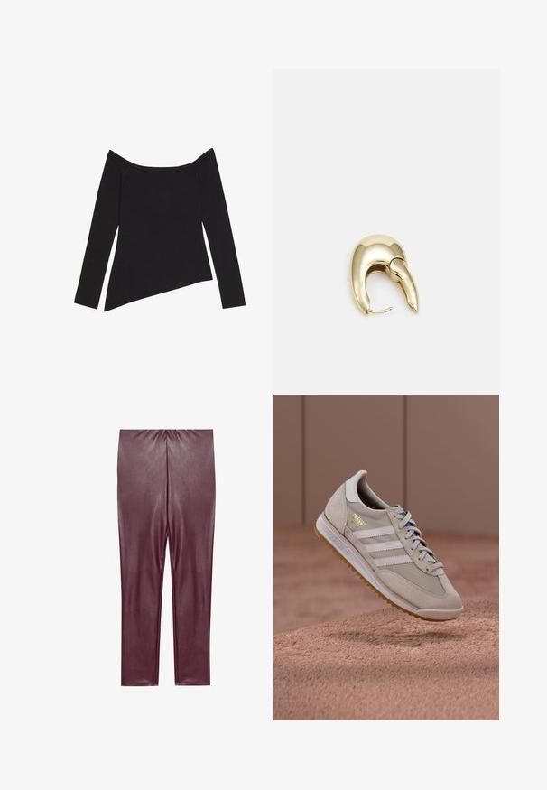 Black off-the-shoulder long-sleeve top with a ribbed texture and an asymmetric hemline, showcasing a fitted design and soft fabric.; Burgundy faux leather leggings with a smooth texture, high waist, and fitted design, extending to the ankles without additional detailing.; Beige sneakers with suede and mesh upper, white three stripes, gum rubber sole, blue laces, and golden accent logo. Classic retro design.; Gold-tone metal earring with a sleek, curved design. Features a distinctive pointed shape, polished surface, and hinge closure.