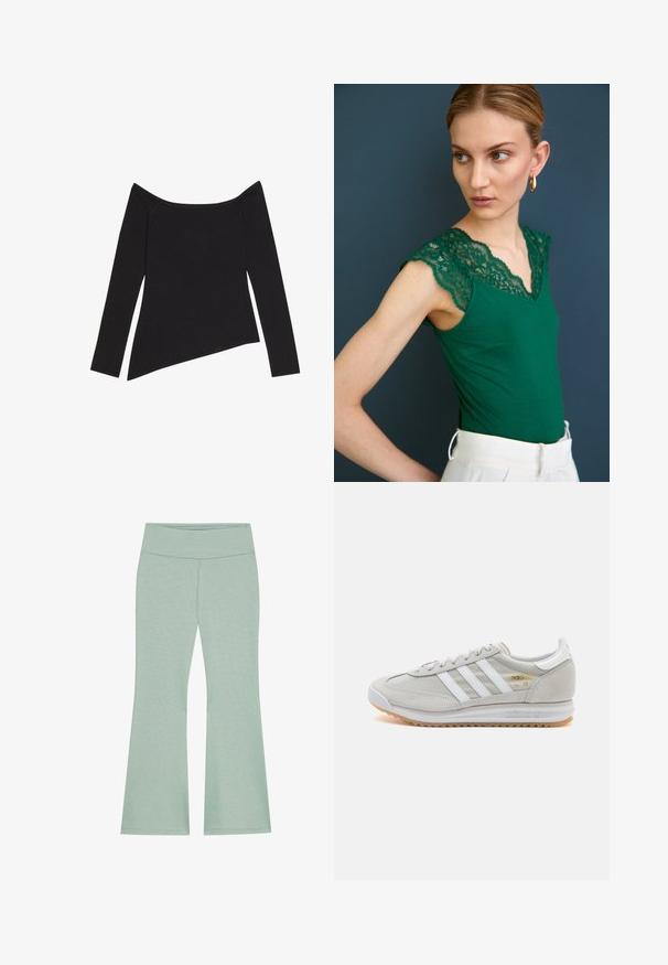 Czarny top z odkrytymi ramionami, z długim rękawem, o prążkowanej fakturze i asymetrycznym dolnym obszyciu, prezentujący dopasowany krój i miękki materiał.; Jasnozielone szerokie spodnie z szerokim pasem, wykonane z miękkiego, fakturowanego materiału. Posiadają subtelny melanżowy wzór przez cały materiał.; Jasnoszare sneakersy wykonane z zamszu i siateczki, z trzema białymi paskami, okrągłym noskiem i gumową podeszwą. Złoty akcent logo w pobliżu sznurowadeł.; Zielony top na ramiączkach z koronkowymi detalami na ramieniu i dekolcie, o dopasowanym fasonie i miękkiej tkaninie. W zestawie z jasnymi spodniami.