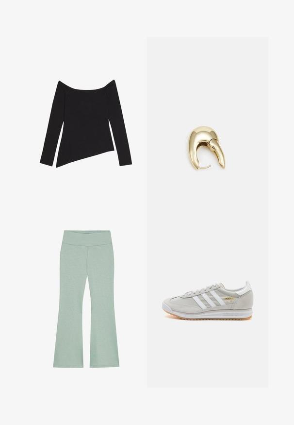 Svart off-shoulder langermet topp med ribbestruktur og asymmetrisk hemline, som viser frem en tettsittende design og myk stoff.; Lys grønn, utsvingt bukser med bred linning, laget av myk, strukturert stoff. Har et subtilt melert mønster gjennom hele.; Lys grå sneaker laget av semsket skinn og mesh, med tre hvite striper, rund tå og såle av gummi. Gull logo-aksent nær snørebåndene.; Gullfarget metalløredobber med et elegant, buet design. Har en karakteristisk spiss form, polert overflate og hengsel-lukking.