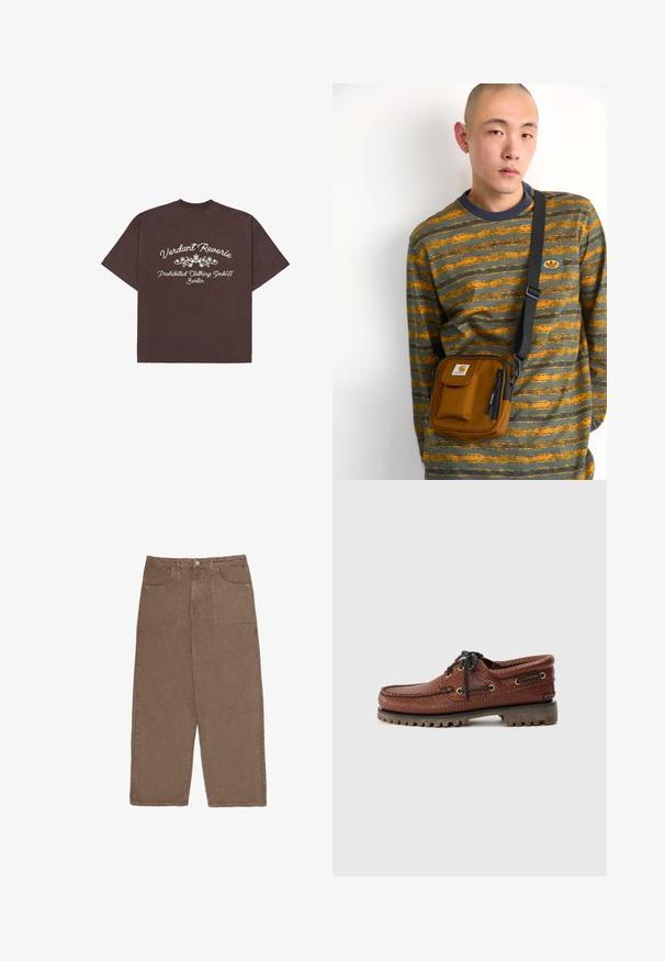 Dark brown short-sleeve T-shirt with white floral graphic and text "Verdant Reverie, Prohibited Clothing GmbH Berlin" on the back.; Brown wide-leg pants made of cotton, featuring two front pockets and a button closure. The fabric has a soft texture and matte finish.; Brown leather boat shoe with textured upper, black lace-up closure, and gold eyelets. Features a durable, ridged rubber sole.; Brown fabric crossbody bag with zipper and front pocket; worn over a gray and orange striped long-sleeve shirt with logo patch.