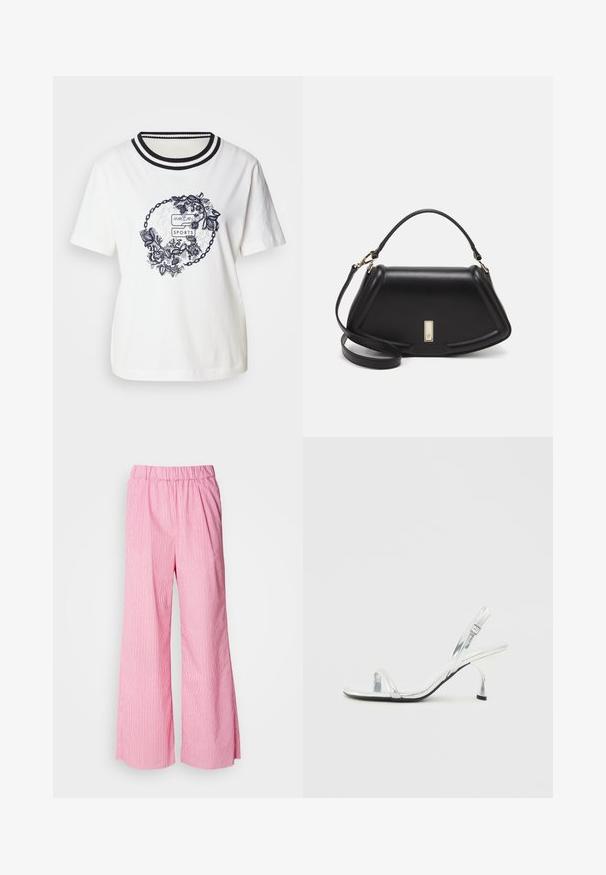 Valkoinen puuvillapaita, jossa on pyöreä kukkakuva tummansinisellä, ja mustavalkoraitainen ribbikaulus. Lyhyet hihat, rento malli.; Vaate vaaleanpunaiset leveät housut, joissa on pystysuorat valkoiset raidat, joustava vyötärö, kevyestä kankaasta valmistettu ja rento istuvuus mukavuutta varten.; Hopeakilpoinen patentoitu nahkainen slingback-korkokengät, joissa on kapea varvasremmi, säädettävä solki ja hoikka korko.; Mustalla nahkalaukulla, jossa on jämäkkä muotoilu, lyhyt malli, yläkahva ja kultaiset yksityiskohdat. Säädettävä olkahihna sisältyy.