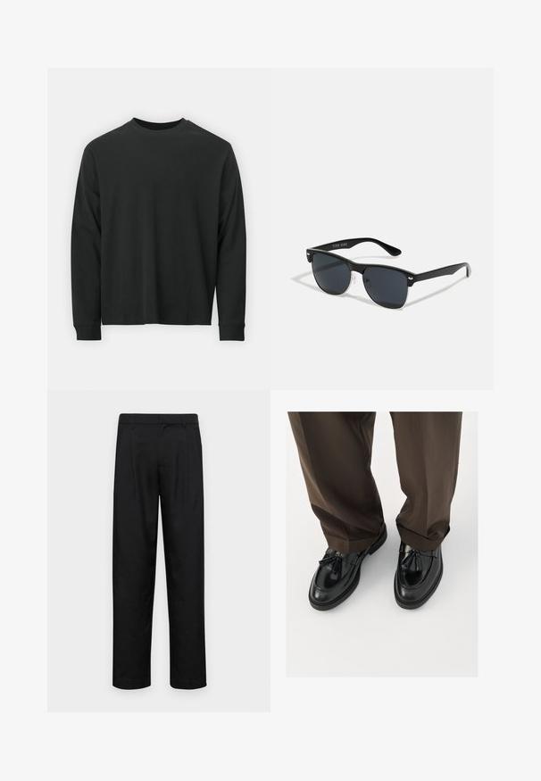 Pika pikkade varrukatega must T-särk, mis on valmistatud puuvillast, ümarate kaelustega, lohvaka lõikega ja soonikute mansettidega. Sujuv tekstuur, ilma nähtavate mustriteta.; Mustad mustadest riietest, millel on sirge jalgade disain, kaks eesmist voltimist ja tavaline vöökoht, millel on vöökohad.; Mustra mustristest nahkkingad ümarate varvastega, dekoratiivsete puhvrite ja tekstureeritud õmblusega, koos pruunide, veidi lõdva lõikega pükstega.; Mustad mustmikrooni kujuga mustad prillid, tumedate klaasidega, hõbedased detailid templite juures ja mati viimistlusega raam.