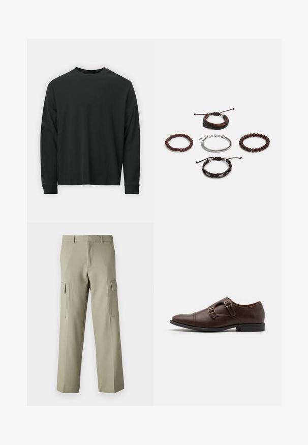 Zwarte longsleeve T-shirt van katoen, met een ronde halslijn, een losse pasvorm en geribbelde boorden. Glad oppervlak zonder zichtbare patronen.; Lichtgroene cargobroek met een recht model, voorzien van zijzakken en een gladde stofstructuur. Achteraanzicht weergegeven.; Bruine leren dresschoen met een spitse neus, voorzien van twee verstelbare gespen en een slank, low-profile ontwerp. Vlakke zwarte rubberen zool.; Set van vijf armbanden met bruin leer, houten kralen en een zilveren ketting; verschillende texturen en vormen, met verstelbare sluitingen.