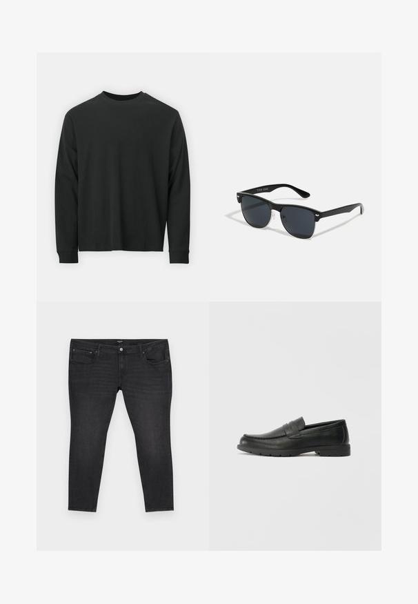 Tricou negru cu mânecă lungă, realizat din bumbac, cu guler rotund, croială lejeră și manșete ribbate. Textură netedă, fără modele vizibile.; Blugi din denim negru cu croi ajustat, având cinci buzunare, închidere frontală cu buton și fermoar, și detalii subtile de uzură.; Labeled cu oglindă din piele neagră cu un finisaj neted, partea superioară în stil mocasin, detalii cusute și o talpă din cauciuc. Design clasic cu un toc jos.; Ochelari de soare negri cu o formă rectangulară, lentile întunecate, accente argintii la tâmple și un finisaj mat pe cadru.