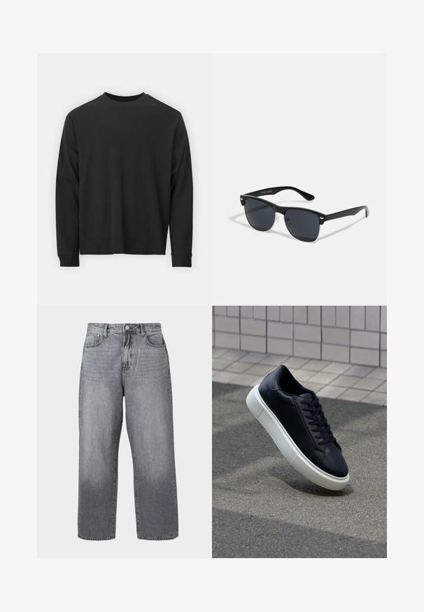 Maglietta nera a maniche lunghe in cotone, con scollatura rotonda, vestibilità ampia e polsini a costine. Texture liscia senza motivi visibili.; Jeans in denim grigio a gamba larga con vita alta, design a cinque tasche e chiusura in metallo. Il tessuto mostra una leggera scoloritura vicino all'orlo.; Sneaker in pelle nera con punta arrotondata e suola in gomma bianca. Presenta lacci piatti e cuciture minime sulla parte superiore. Suola testurizzata per una migliore aderenza.; Occhiali da sole neri con forma rettangolare, lenti scure, dettagli in argento alle tempie e finitura opaca sulla montatura.
