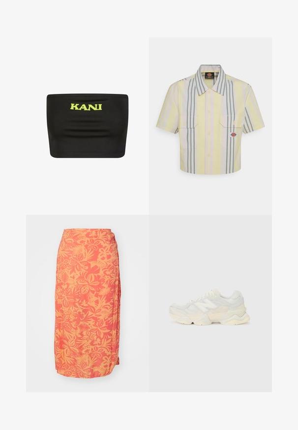 Fekete pánt nélküli felső rugalmas anyagból, a közepén egy nagy neon sárga "KANI" logóval. Sima textúra, minimális varrásokkal.; Rövid ujjú, világos sárga, függőleges zöld és pasztell csíkos ing. Két mellzsebével és logóval a bal oldali zseben.; Hosszú, korall színű szoknya, amelyen trópusi virágmintázat látható sárga színben. Könnyű anyagból készült, sima textúrával és ráncolt derékrésszel.; Könnyű sportcipő, amely hálós és velúr felsőrésszel rendelkezik, lágy krémszínű árnyalatokban, vastag talppal és háromdimenziós díszítésekkel.
