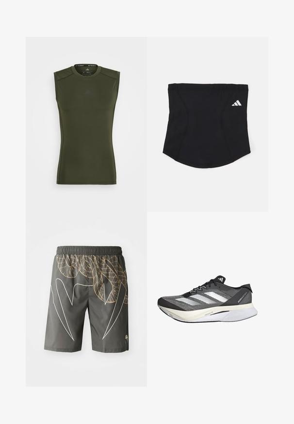 adidas Performance TEE - Topper - night cargo; Grå sportskjorte med et slangeskinnmønster i beige og hvite aksenter. Elastisk midjebånd, kne-lengde, lett materiale.; Svart og hvit idrettssko med mesh-overdel, har tre hvite striper, en fremtredende såle merket "LIGHTSTRIKE PRO," og et strømlinjeformet design.; Svart atletisk hodebånd med en glatt tekstur, buet form og elastisk topp. Har en liten hvit Adidas-logo på siden.