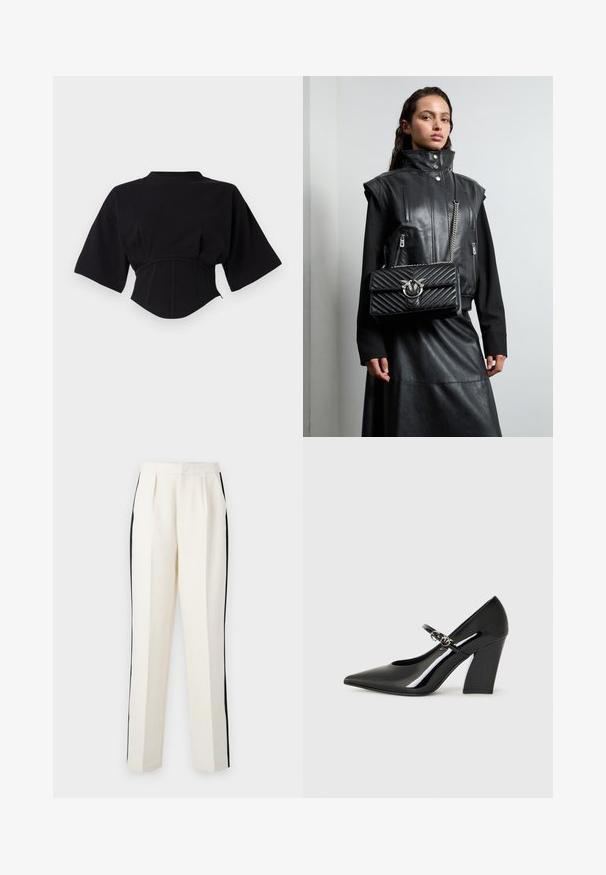 Mustat lyhyet yläosat, jotka ovat pehmeää kangasta, niissä on istuva vyötärö, leveät hihat ja korkeakauluksinen muotoilu, jossa on näkyvät saumat.; Kermanväriset housut mustilla sivuviivoilla, suoralinjainen leikkaus ja laskostettu etuosa, valmistettu teksturoidusta kankaasta.; Musticko mustat lakatut korkokengät, joissa on terävä kärkinen muoto, paksu korko ja hihna, jossa on metalliset yksityiskohdat.; Musta nahkastakki korkean kauluksen kanssa, vetoketjulliset taskut, ja musta tikattu käsilaukku, jossa on hopeanvärisiä yksityiskohtia, yhdistettynä pitkiin mustiin hameisiin.