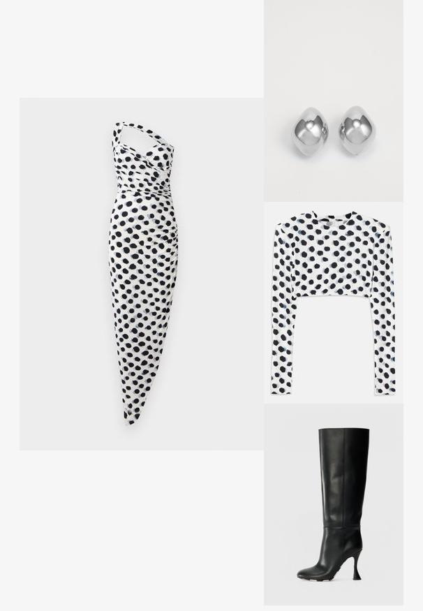 Kortärmad topp i stretchigt vitt tyg med ett svart prickmönster, med en mjuk textur och rund halsringning.; Vitt klänning med en axeldesign, prydd med svarta prickar, och en kroppsnära passform med rynkade detaljer längs sidan.; Svarta läderknästövlar med en åtsittande skaft och spetsig tå. Har en distinkt kurvad klack och en slät texturerad yta.; Silverfärgade metallörhängen med en slät, rundad form, som har en polerad yta och reflekterande yta. Minimalistisk design utan utsmyckningar.