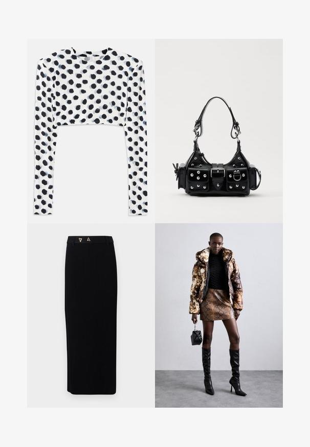 Krátký dámský top s dlouhými rukávy z elastického bílého materiálu s černými puntíky, hladkou texturou a kulatým výstřihem.; AERON FORUM - Pouzdrová sukně - black; Puffa bunda s hnědým a černým vzorem, zkombinovaná s hnědou mini sukní s hadím vzorem, černými vysokými botami a malou černou taškou.; Černá kožená kabelka s křivkovým designem, zdobená stříbrnými hřebíky, s přezkou a dvěma bočními kapsami. Nastavitelný popruh pro různé možnosti nošení.