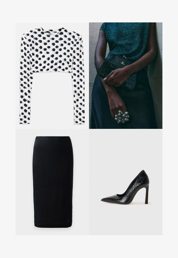 Rövidített hosszú ujjú felső rugalmas fehér anyagból, fekete pöttyös mintával, sima textúrával és kerek nyakkivágással.; Fekete ceruzaszoknya sima anyagból, karcsú fazonnal, térd hosszúságú kialakítással, egyszerű szegéllyel, látható minták vagy díszítések nélkül.; Fekete hegyes orrú magassarkú cipő krokodilbőr textúrával, letisztult dizájnnal, magas tűsarkú és sima fekete belső résszel.; Fekete krokodilbőr mintázatú válltáska ezüst hardware-rel, egy texturált szürke háttér előtt tartva. Fényes felülettel rendelkezik.