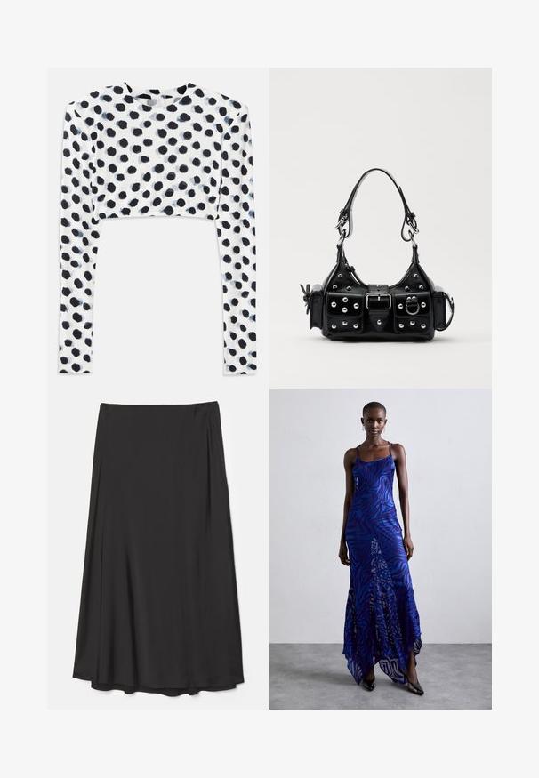 Trumpas ilgomis rankovėmis marškinėliai iš tamprus balto audinio su juodais taškeliais, lygia tekstūra ir apvaliu kaklu.; Juoda, iki kelių siekianti sijonas, pagamintas iš lygios medžiagos; pasižymi tekantys dizainu su švelniais klostėmis ir nematomais užsegimais.; Mėlynas ir purpurinis gyvūnų rašto ilgas suknelė su plonomis petnešomis, prigludusia krūtinės dalimi, plačiu apvadu ir permatomais akcentais.; Juodas odinis rankinukas su kreiviu dizainu, su sidabro spalvos knopkėmis, užsegimu ir dviem šoninėmis kišenėmis. Reguliuojama dirželis nešimui.