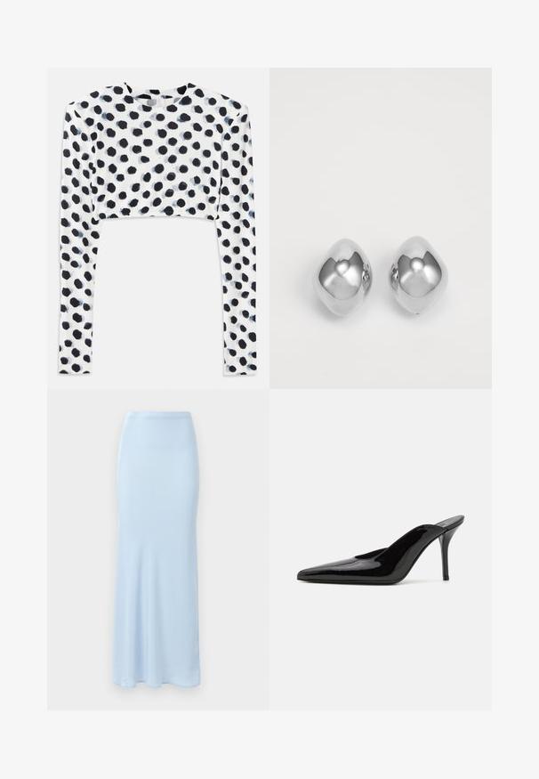 Gekürztes Langarmoberteil aus dehnbarem weißen Stoff mit einem schwarzen Polka-Dot-Muster, glatter Textur und rundem Ausschnitt.; Himmelblaue, bodenlange Satinrouche mit einer taillierten Taille und einem leichten Ausstellungsende vor einem weißen Hintergrund.; Schwarze Lackleder-Pumps mit hohen Absätzen, spitzer Zehenform und schlanker Silhouette, mit offenem Rücken und schlankem Stiletto-Absatz.; Silberne Ohrringe aus Metall mit einer glatten, runden Form, die eine polierte Oberfläche und reflektierende Eigenschaft aufweisen. Minimalistisches Design ohne Verzierungen.