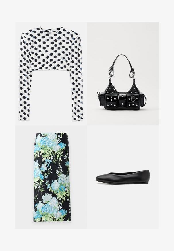 Haut court à manches longues en tissu extensible blanc avec un motif à pois noirs, possédant une texture lisse et un col rond.; Jupe crayon florale en tissu noir, ornée de grandes hortensias bleues et vertes et de petites fleurs blanches, accentuée d'un nœud bleu clair.; Paul Smith TOPANGA - Ballerines - black; Sac à main en cuir noir au design courbé, avec des clous en argent, une boucle et deux poches latérales. Bandoulière réglable pour différentes options de transport.