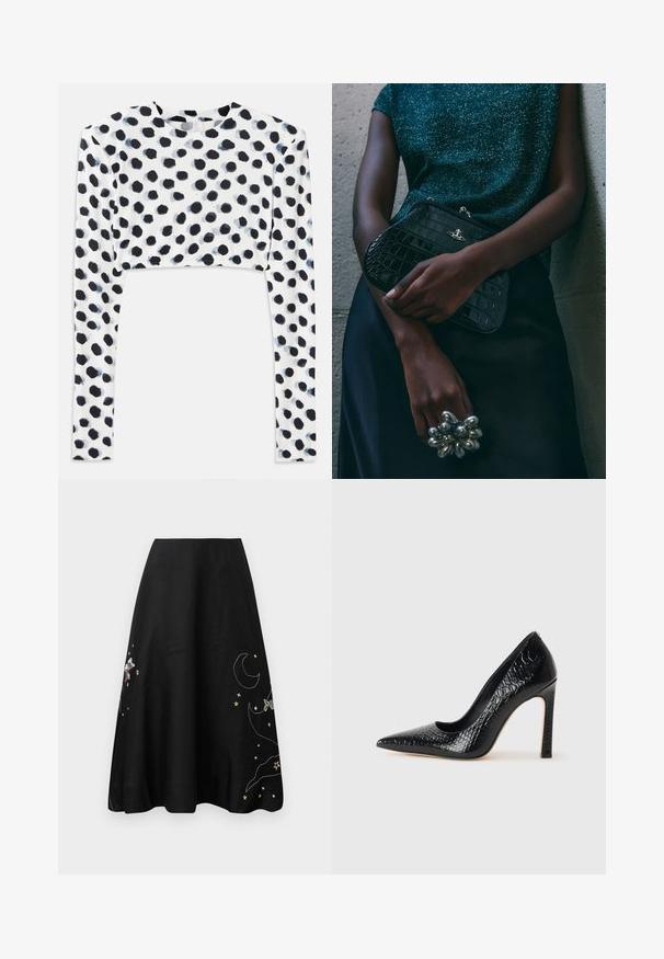 Top lungo e aderente, a maniche lunghe, in tessuto bianco elasticizzato con stampa a pois neri, caratterizzato da una superficie liscia e scollatura rotonda.; Gonna nera con ricami colorati di stelle, una luna e un personaggio. Design a forma di A, tessuto morbido, lunghezza al ginocchio, con una leggera lucentezza.; Scarpa nera con punta a punta alta in pelle di coccodrillo, caratterizzata da un design elegante, alto tacco a spillo e interno nero liscio.; Clutch bag nera con motivo coccodrillo e hardware argentato, appoggiata su uno sfondo grigio texture. Presenta una superficie lucida.