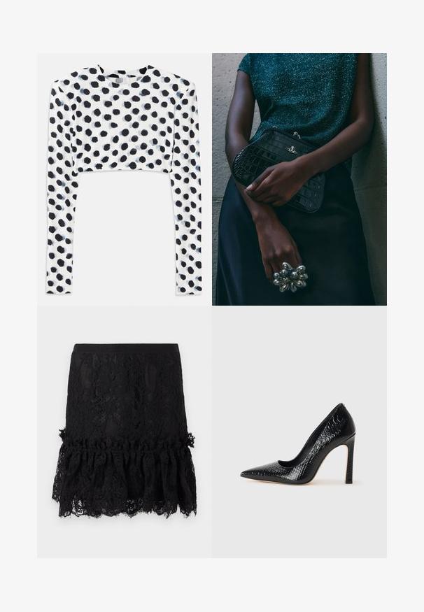 Kortärmad topp i stretchigt vitt tyg med ett svart prickmönster, med en mjuk textur och rund halsringning.; Svart spetskjol med en strukturerad topp, som har en volangkant i spets. Tyget har blommönster och en slät midja.; Svart spetsig högklackad sko med krokodilskinnsstruktur, som har en elegant design, hög stilettklack och en slät svart innersula.; Svart clutchväska med krokodilmönster och silver detaljer, hålls mot en texturerad grå bakgrund. Har en blank yta.