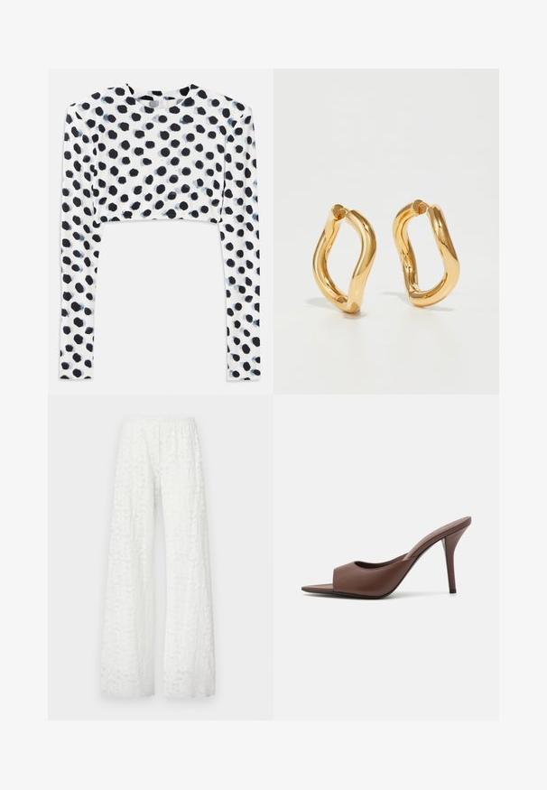 Korte mouwen top van rekbaar witte stof met een zwart stippenmotief, met een gladde textuur en ronde halslijn.; Witte wijde broek met een elastische tailleband, voorzien van een textuur met een bloemig kantpatroon door de stof.; Bruine leren open-teen hoge hak muiltjes met een slank ontwerp, voorzien van een brede voorkruistrap en een slanke stiletto hiel.; Gouden ovale oorbellen met een gebogen, onregelmatige vorm en een gladde, gepolijste textuur. Geen zichtbare hardware of accenten.