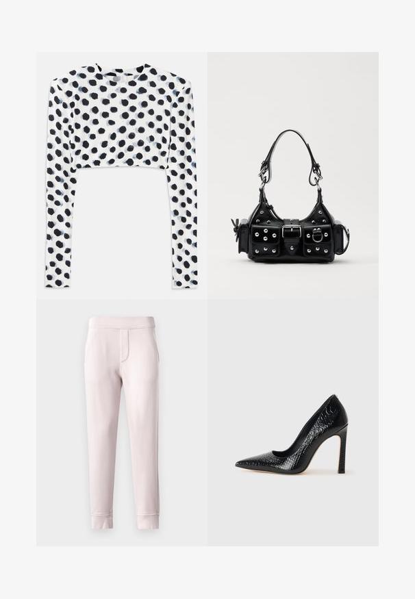 Korte mouwen top van rekbaar witte stof met een zwart stippenmotief, met een gladde textuur en ronde halslijn.; Lichtroze sweatpants gemaakt van zacht materiaal, met een elastische tailleband, zijzakken en ribgebreide boorden bij de enkels.; Zwarte puntige hoge hak schoen met een krokodillenleren textuur, met een slank ontwerp, hoge stiletto-hak, en een gladde zwarte binnenkant.; Zwarte lederen handtas met een gebogen ontwerp, voorzien van zilveren studs, een gesp en twee zijvakken. Verstelbare schouderband voor verschillende draagmogelijkheden.