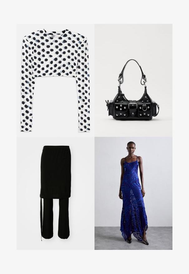 Sagriezta garām piedurknēm topa daļa stiepjama baltā audumā ar melnu punktiņu dizainu, ar gludu tekstūru un apaļu apkakli.; Melnas divdaļīgas drēbes komplekts, kas ietver garu svārku ar sānu saitēm un brīvi pieguļošām biksēm. Izgatavots no gludas auduma ar plūstošu dizainu.; Zila un violeta dzīvnieku raksta maxi kleita ar plāniem plecu siksnām, pieguļošu augumu, izplestu apakšdaļu un caurspīdīgu dekoratīvo kārtu.; Melnas ādas rokturmais ar izliekumu, ar sudraba iedurtiem, sprādzi un divām sānu kabatām. Regulējams siksniņas garums dažādām nēsāšanas iespējām.