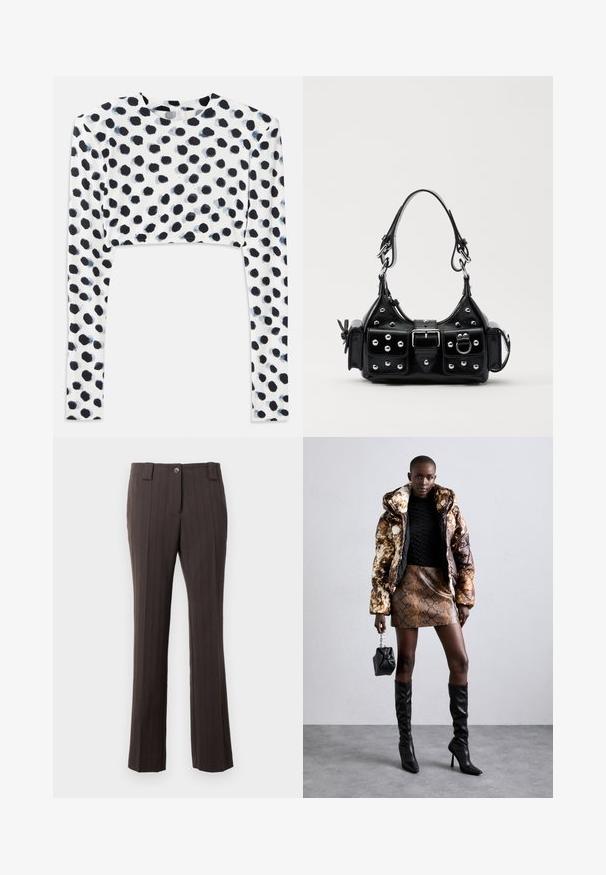 Rövidített hosszú ujjú felső rugalmas fehér anyagból, fekete pöttyös mintával, sima textúrával és kerek nyakkivágással.; Barna csíkos nadrág, testhez álló fazonnal, elöl gombos záródással és egyenes láb szabással. Sima szövettextúra.; Barna és fekete mintás puffjú dzseki, barna kígyóbőr mintás mini szoknyával, fekete térdig érő csizmával és egy kicsi fekete táskával párosítva.; Fekete bőr kézitáska ívelt designnal, ezüst szegecsekkel, csattal és két oldalsó zsebbel. Állítható vállpánt a hordozási lehetőségekhez.