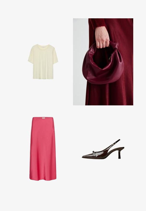 Lys beige kortærmet t-shirt lavet af blødt stof, med en rund halsudskæring og en afslappet pasform, uden mønstre eller udsmykninger.; Rosa satin midi-nederdel med en glat tekstur, afslappet pasform og en subtil elastisk talje, der giver en flydende silhuet.; Brun patentlæder slingback sko med spids tå, lav hæl og en dekorativ sløjfe foran. Glat, skinnende tekstur.; Bordeaux læderhåndtaske med et blødt, samlet design og en rund form. Håndtaget er sikret og viser en glat tekstur.