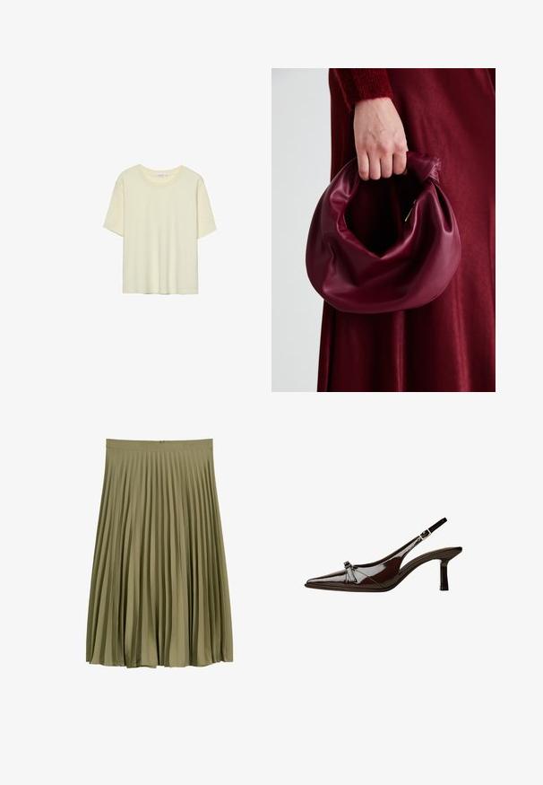 Jasno beżowa koszulka z krótkim rękawem, wykonana z miękkiego materiału, z okrągłym dekoltem i luźnym krojem, bez wzorów ani ozdób.; Skórzana midi spódnica w kolorze oliwkowym z fałdami, w pasie oraz z ukrytym zapięciem na zamek z tyłu.; Brązowe lakierowane sandały z odkrytymi palcami, o spiczastym nosku, niskim obcasie i ozdobnym kokardkowym akcentem z przodu. Gładka, błyszcząca tekstura.; Bordowa skórzana torebka o miękkim, marszczonym wyglądzie i zaokrąglonym kształcie. Uchwyt jest zabezpieczony, co podkreśla gładką fakturę.
