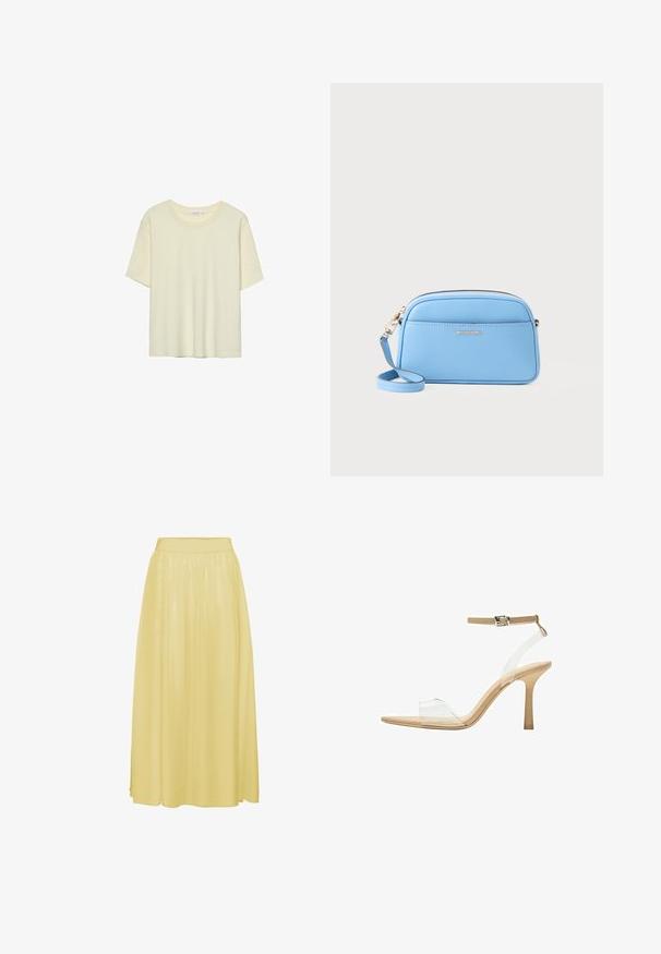 Vaaleanbeige lyhythihainen t-paita, joka on valmistettu pehmeästä kankaasta. Paidassa on pyöreä pääntie ja rento istuvuus, ilman kuvioita tai koristeita.; Keltainen, nilkkapitkä hame, joka on valmistettu sileästä, kevyestä kankaasta. Siinä on joustava vyötärö ja virtaava muotoilu, jossa on hienovarainen kiilto.; Kirkas korkokenkä läpinäkyvällä varrella, beigellä pohjalla ja hoikalla nilkkahihnalla. Ominaisuuksiin kuuluu terävä kärki ja ohut korkea korko.; Vaaleansininen nahkainen crossbody-laukku, jossa on kultasävytetty metalliosat, vetoketjukiinnitys ja etutasku. Mukana säädettävä olkahihna käytännöllisyyden vuoksi.