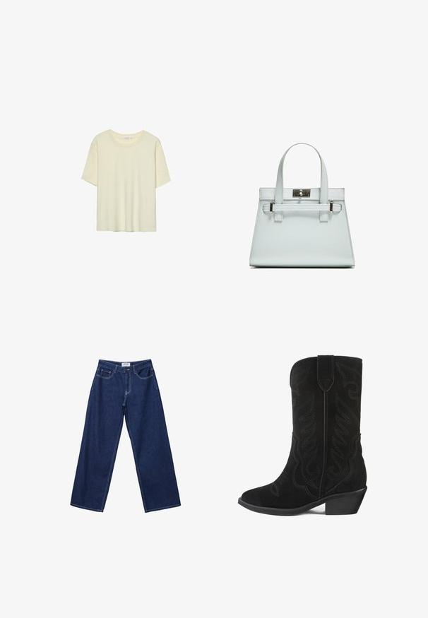 Svetlo bež majica kratkih rukava iz mekog materijala, s okruglim izrezom i opuštenim krojem, bez uzoraka ili ukrasa.; Široke temno modre kavbojke z gumbom, petimi žepi in kontrastnim belim šivanjem. Tkanina ima gladko, rahlo teksturirano površino.; Črne velur kavbojske škornje s šivanimi cvetličnimi vzorci, s koničastim nosom in nizkim kvadratnim peto. Imajo visok zgornji del in zanko za enostavno obuvanje.; Svetlo modra torbica z oblikovano zasnovo, dvema ročkama in kljuko iz srebrno-toniranega materiala. Teksturni material in ostri koti.