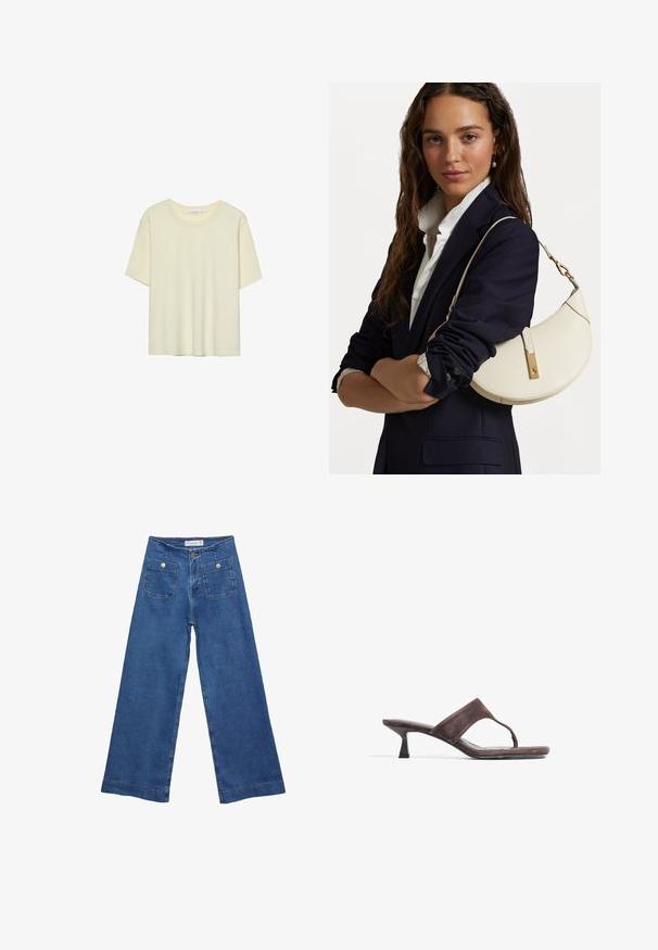 Svetlo bež majica kratkih rukava iz mekog materijala, s okruglim izrezom i opuštenim krojem, bez uzoraka ili ukrasa.; Jeans širokih nogavic iz denima z medenim modrim pranjem, dvema sprednjima žepoma z gumbnimi zaprtji in šivanjem ob robovih.; Rjavi rjavili natikači s thong trakom, nizkim petami in gladkim, ravnim podplatom. Minimalističen dizajn s sleek silhueto.; Bela usnjena torbica s ukrivljeno obliko, z zlatimi dodatki in teksturirano površino, nošena čez temen blazer in belo srajco.