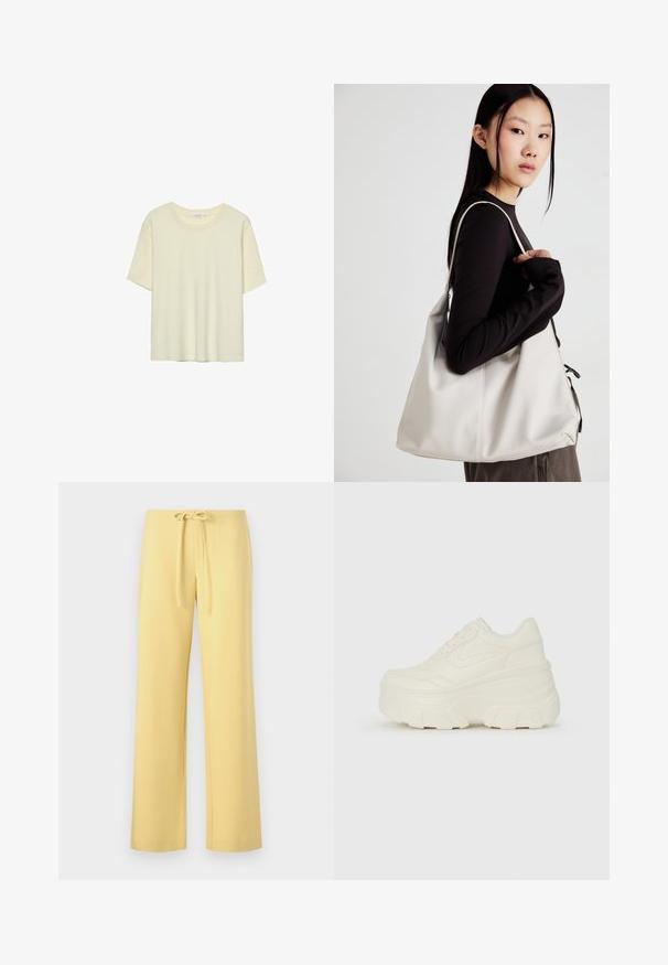 Svetlo bež majica kratkih rukava iz mekog materijala, s okruglim izrezom i opuštenim krojem, bez uzoraka ili ukrasa.; Rumene, lahke hlače iz bombažne mešanice z vrvico v pasu, ravnymi nogami in brez vidnih vzorcev ali akcentov.; Bele platformske tene z belim zgornjim delom, ki spominja na usnje, okroglo obliko, oblazinjen ovratnik ter gumo z teksturo na podplatu z izrazitimi profili.; Bežna torbica iz mehkega materiala, z ohlapno zasnovo, šivi in dvema naramnicama. Primerna za vsakodnevno uporabo.