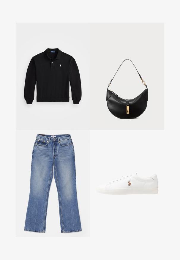 Melnas kokvilnas polo džemperis ar garām piedurknēm, ribotām aprocēm un trīs pogu aizdari. Uz krūtīm ir neliels balts logs.; RE/DONE LOOSE - Bootcut piegriezuma džinsi - hacienda; Baltas ādas sporta apavi, zema dizaina, ar gludu tekstūru, noapaļotu purngalu, ar auklēm priekšpusē un nelielu izšūtu logotipu sānos.; Melnas ādas rokas soma pusmēness formas. Iezīmē zelta metāla akcentus un šauru siksniņu. Gluda tekstūra, rāvējslēdzēja aizdare augšpusē.