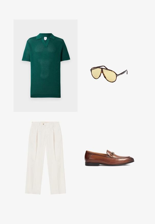 Groene gebreide polo met een gestructureerde open weving, korte mouwen en een klassieke kraag. Heeft een V-hals ontwerp en ribgebreide zoom.; Witte, wijde broek met plooien aan de voorkant, een enkele knoopsluiting en zijzakken. Glad textuur en op maat gemaakt ontwerp.; Bruine leren loafers met een ronde neus, gestikte details en een decoratieve metalen gespsier op de voorkant. Rubberen zool.; Schildpad zonnebril met gele lenzen. Pilootvorm met dubbele brug en metalen accenten. Glad oppervlak en slank ontwerp.; Rechthoekig rose gouden horloge met een witte wijzerplaat, minimalistische uurmarkeringen en een gelinkte metalen armband. Heeft een kroon aan de rechterzijde.; Gouden ketting met een eenvoudige kruisbedel. De ketting heeft een textuur met een fijn schakelontwerp, en de bedel is glad met een gepolijste afwerking.