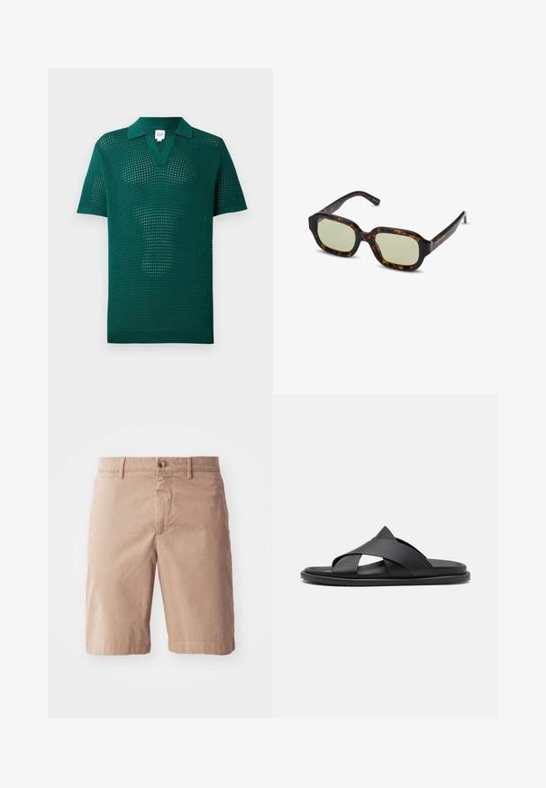 Vihreä neulepolo, jossa on teksturoitu avoin kudonta, lyhyet hihat ja klassinen kaulus. Ominaisuuksiin kuuluu V-pääntie ja ribbaus helman ympärillä.; Beige lycra-shortsit suoralla lahkeella, etupainikkeella ja vyölenkeillä. Sujuva pinta, jossa on minimaalinen ommeltyyli.; Stuart Weitzman BERKLEY - Matalakantaiset pistokkaat - black; Silmälasit, joissa on tortoise-kuvio ja vihreät objektiivit, suorakulmainen muoto, leveät kehykset ja sileä pinta. Korostukset ohimoilla.; Suunnikkaan muotoinen ruusukultainen kello, jossa on valkoinen kellotaulu, minimalistiset tuntimerkit ja linkitetty metalliranneke. Oikealla puolella on kruunu.