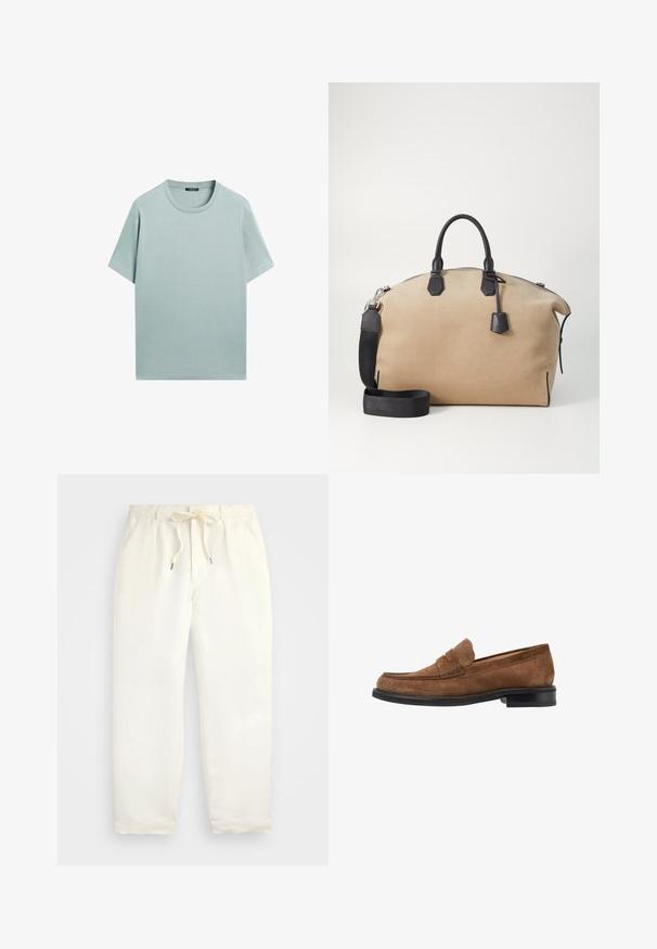 Plain light gray short-sleeve crew neck t-shirt, laid flat against white background.; Light cream, casual pants made of soft fabric. Features an elastic waistband with a drawstring, and tapered leg design.; Brown suede loafer with a rounded toe design, stitched detailing on the upper, and a black rubber sole. Minimal brass accents.; Beige suede bag with black leather handles and accents. Features dual handles, a detachable strap, and a zip closure at the top.