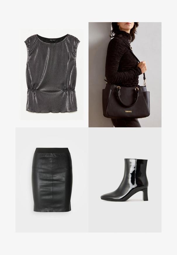 Top sem mangas preto metálico com um design plisado, decote arredondado e bainha franzida. Etiqueta da marca "ANNA FIELD" visível no interior.; Saia lápis preta feita de couro suave, com um cós elástico para uma silhueta ajustada e um design minimalista.; Botim de tornozelo em pele sintética preta com bico apontado e salto bloco de altura média. Textura suave e design minimalista.; Bolsa preta com superfície texturizada, alças superiores duplas e alça de ombro ajustável. Apresenta ferragens em tom dourado e bolsos laterais.