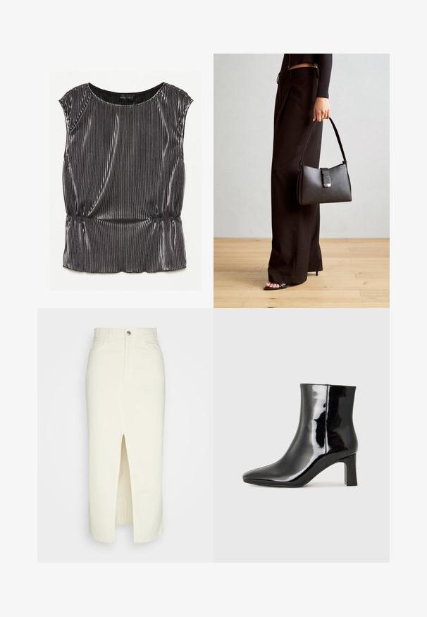 Top metalic negru fără mâneci, cu un design plisat, gât rotund și tiv strâns. Eticheta brandului "ANNA FIELD" este vizibilă în interior.; Fustă midi din denim alb cu slit frontal, design cu cinci buzunare și închidere cu buton metalic. Textură netedă, talie înaltă, siluetă dreaptă.; Botine negre din piele lacuită, cu vârful ascuțit și toc bloc de înălțime medie. Textură netedă și design minimalist.; Genți negre cu o formă structurată, textură netedă și un închizător metalic. Asortată cu pantaloni negri largi și sandale cu vârf deschis pe un podea din lemn.