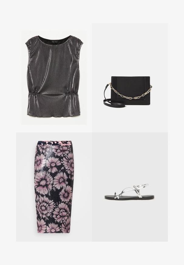 Metalická čierna bezrukávová blúzka s plisovaným dizajnom, zaobleným výstrihom a zberným lemom. Viditeľná značka "ANNA FIELD" vo vnútri.; Kvetinová sukňa s čiernym základom, zdobená ružovými a bielymi kvetinovými vzormi. Vyrobená z flitrového materiálu, ktorý zvýrazňuje textúru a dizajn.; Strieborné metalické sandále s minimálnym dizajnom, s tenkými popruhmi a čiernou plochou podrážkou. Zaujímavé sú akcenty krížových popruhov.; Čierna kožená crossbody taška s hladkou textúrou, obdĺžnikovým tvarom a kovovým reťazovým detailom na prednej strane. Súčasťou je nastaviteľný popruh.
