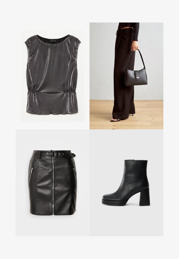 Metalna črna brezrokavnik z nabranim dizajnom, ovalnim izrezom in nabranim robom. Znamka "ANNA FIELD" je vidna znotraj.; Črna usnjena mini krilo z oprijetim krojem, ki ima sprednji zadrgo, dva stranska žepa in pas z zaponko. Gladka tekstura.; Črne usnjene gležnjarje z blok peto in platformo, prikazane s strani na enobarvni beli podlagi.; Črna torbica z strukturirano obliko, gladko teksturo in kovinskim zaponko. Ujemajo se z širokimi črnimi hlačami in odprtimi sandali na lesenem tleh.