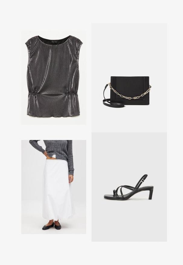 Metāliski melna bezmaksas tops ar pleatētu dizainu, noapaļotu kakla izgriezumu un savāktu apakšmalu. Zīmola uzlīme "ANNA FIELD" redzama iekšpusē.; Balta, potītes garuma svārki no gludas auduma, apvienoti ar pelēku ribotu kardigānu un melnām plakanām kurpēm. Minimālisma dizains, bez redzamām rakstu detaļām.; Melnas strappy sandales ar kvadrātveida purngaliem un zemu bloku papēdi. Ievērojamas ar vairākiem plāniem siksniņām un regulējamu potītes siksniņu. Izgatavotas no gludas ādas.; Melna ādas crossbody soma ar gludu faktūru, taisnstūrveida formu un metalizētu ķēdes detaļu priekšā. Iekļauta regulējama siksna.