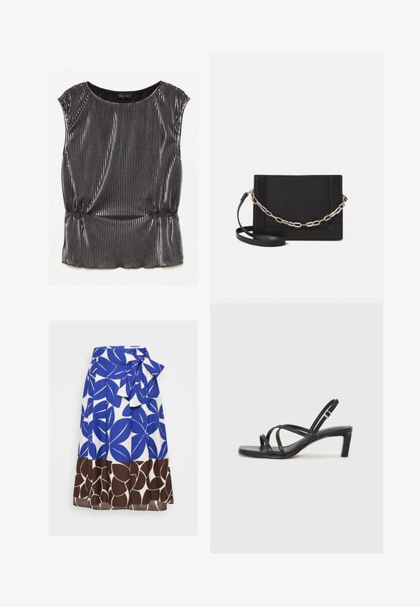 Metalinė juoda be rankovių palaidinė su raukšlėtu dizainu, apvaliu iškirpimu ir susiraukšlėjusiu apatiniu kraštu. Viduje matomas prekės ženklas "ANNA FIELD".; Mėlyna ir balta sijonas su ryškiu lapų raštu, su kaklaskare su raišteliu ir rudu gėlių apatine kraštine. Pagamintas iš lengvo audinio.; Juodi šlepetės su kvadratiniu pirštu ir žemu bloku kulnu. Yra keli ploni dirželiai ir reguliuojamas kulkšnies diržas. Pagaminti iš lygios odos.; Juodas odinis per petį nešiojamas krepšys turi lygų paviršių, stačiakampio formą ir metalinę grandinėlę priekyje. Pridedama reguliuojama dirželis.