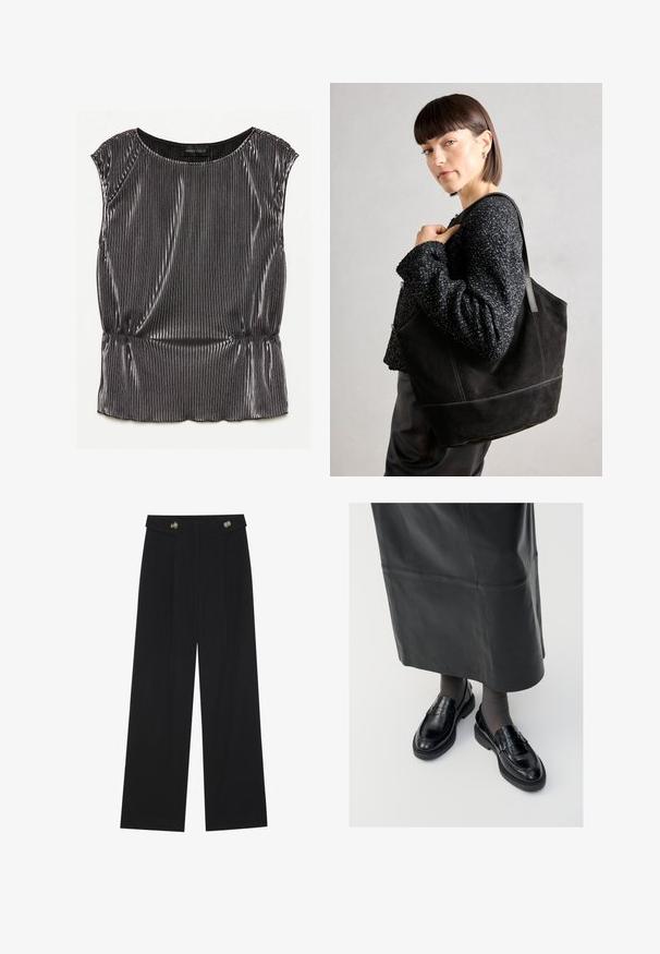 Metallic svart ärmlös topp med en plisserad design, rund halsringning och samlad nederkant. Märkeslappen "ANNA FIELD" synlig inuti.; Svarta vida byxor med hög midja, knäppdetaljer i midjan och framfickor.; Svarta läderloafers med en slät yta, prydda med en dekorativ rem, rund tå och texturerad sula. Bärs med en lång svart läderkjol.; Svart mocka tote-väska med en slät textur, strukturerad form och kontrasterande sömmar. Har långa bärremmar för axelbärande.