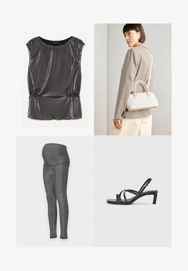Top senza maniche di colore nero metallico con un design plissettato, scollatura rotonda e orlo arricciato. Etichetta del marchio "ANNA FIELD" visibile all'interno.; Leggings da maternità in tessuto elastico e metallico nero. Vita alta progettata per il comfort, vestibilità aderente lungo le gambe, con una texture liscia.; Sandalo nero con cinturini, dalla punta squadrata e tacco basso a blocco. Presenta diversi cinturini sottili e una cinturini regolabile alla caviglia. Realizzato in pelle liscia.; Borsa a mano bianca strutturata con manici corti e tracolla, dotata di dettagli in metallo dorato e materiale testurizzato, esposta su uno sfondo grigio.