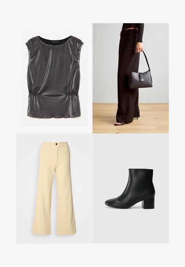 Fémes fekete ujjatlan blúz pliszézett mintával, kerek nyakkivágással és redőzött aljjal. A márkajelzés "ANNA FIELD" látható belül.; Világos sárga, bő a szára nadrág, pamut keverék anyagból készült. Elöl gombos záródással, övhurkokkal és két oldalsó zsebel rendelkezik.; Fekete bőr bokacsizma hegyes orral és vastag sarokkal. Sima felület minimális díszítéssel és karcsú, passzos kialakítással.; Fekete kézi táska strukturált formával, sima textúrával és fémből készült záródással. Széles fekete nadrággal és nyitott orrú szandállal párosítva, fából készült padlón.
