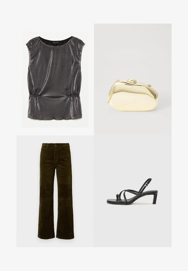 Haut sans manches noir métallique avec un design plissé, encolure arrondie et ourlet froncé. Étiquette de la marque "ANNA FIELD" visible à l'intérieur.; Pantalons évasés en velours côtelé d'un vert olive profond. Comprend cinq poches, une fermeture à bouton et une texture côtelée verticale. Coupe standard avec un design classique.; Sandale noire à lanières avec un bout carré et un petit talon bloc. Elle présente plusieurs fines lanières et une sangle de cheville ajustable. Fabriquée en cuir lisse.; Pochette métallique dorée avec une forme lisse et arrondie, dotée d'un fermoir à bouton supérieur et d'une petite chaîne pour le transport.