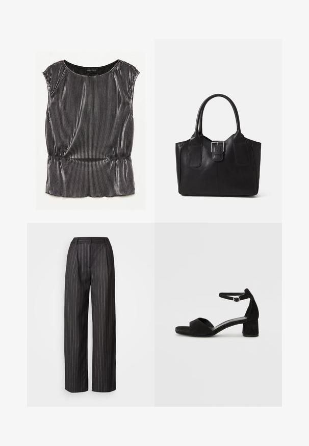 Metalliseeritud must ilma varrukateta särk, millel on volditud disain, ümar kaelus ja kogutud äär. Brändi silt "ANNA FIELD" on nähtav seest.; Mustriga mustad püksid laia jala kujundusega, volditud esiosa ja sileda tekstuuriga. Omab vööd ja nähtavaid taskuid pole.; Mustad nahast kontsad avatud varvastega, millel on õhuke pahkluu rihm ja tagasihoidlik plokkkonts. Sile tekstuur ja minimaalsed aksessuaarid.; Mustgamma nahast kott, millel on sile tekstuur, struktureeritud kuju, kaks käepidet ja esiküljel silmapaistev hõbedane pandla detail.