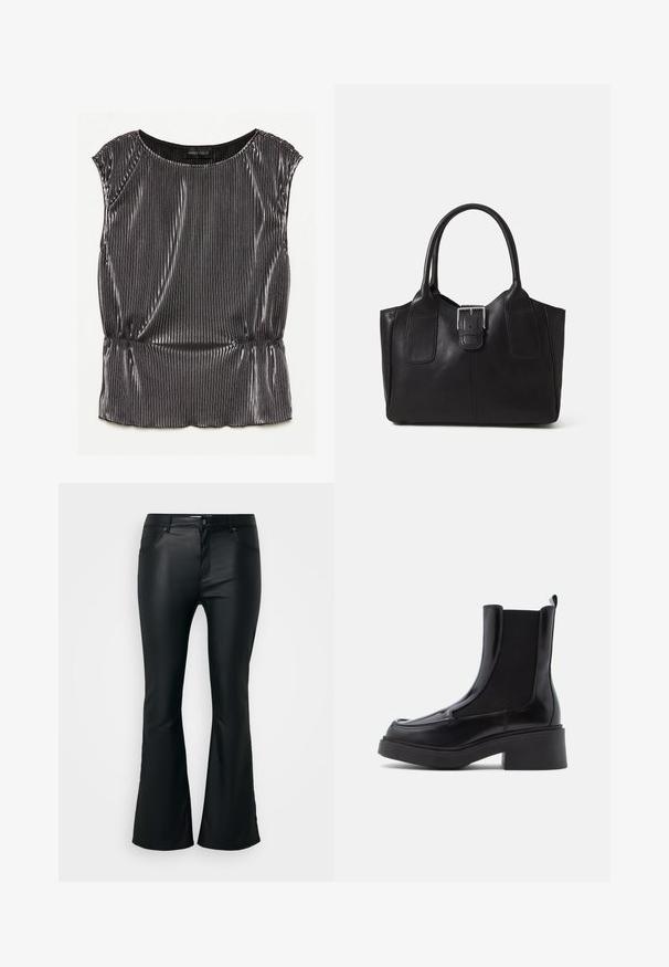 Metallic svart ermeløs topp med plissert design, rund hals og samlet nederkant. Merket "ANNA FIELD" synlig inni.; Sorte, utsvingte bukser laget av et glatt, glanset materiale. Har fem lommer, beltehemper, og en glidelås med knappelukking.; Sorte chelsea-støvler med en kraftig hæl, med blødt læderoverdel og elastiske sidepaneler for nem påtagning. Solid gummisål.; Svart skinn toteveske med jevn tekstur, strukturert form, to håndtak og en fremtredende sølvspenne foran.