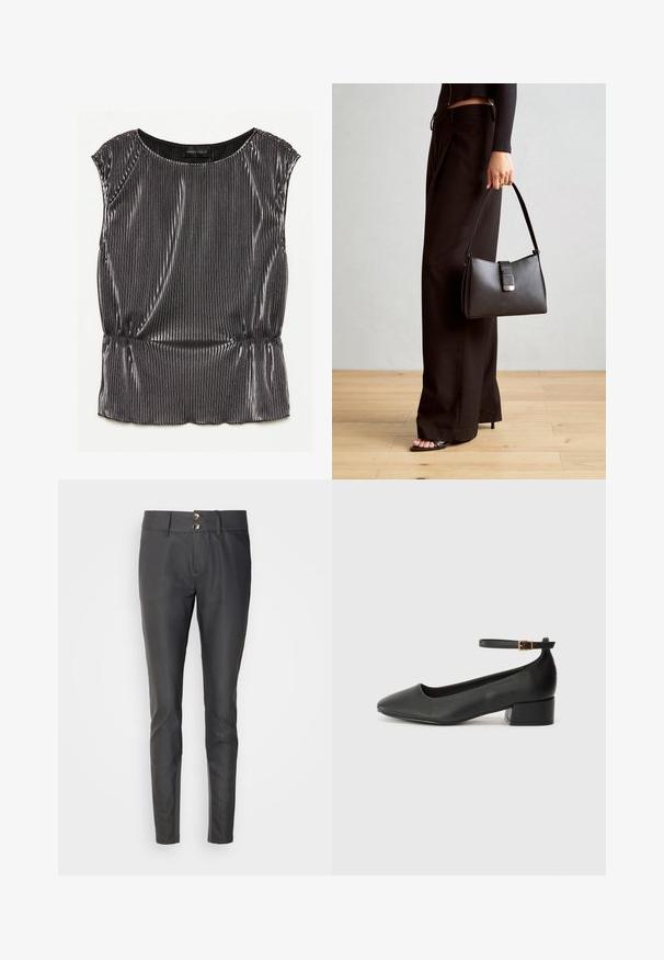 Metāliski melna bezmaksas tops ar pleatētu dizainu, noapaļotu kakla izgriezumu un savāktu apakšmalu. Zīmola uzlīme "ANNA FIELD" redzama iekšpusē.; Melnas bikses ar šauru piegriezumu, izgatavotas no gludas materiāla. Funkcijas divi pogu aizdare jostasvietā un plakans priekšējais dizains.; Melnas ādas sūkņi ar smailu purngalu un zemu bloku papēdi. Iezīmēts ar potītes siksniņu ar zelta krāsas sprādzi. Gluda tekstūra.; Melnā somiņa ar strukturētu formu, gludu tekstūru un metālu sprādzi. Saskaņota ar platām melnām biksēm un sandālēm ar atvērtu purngalu uz koka grīdas.