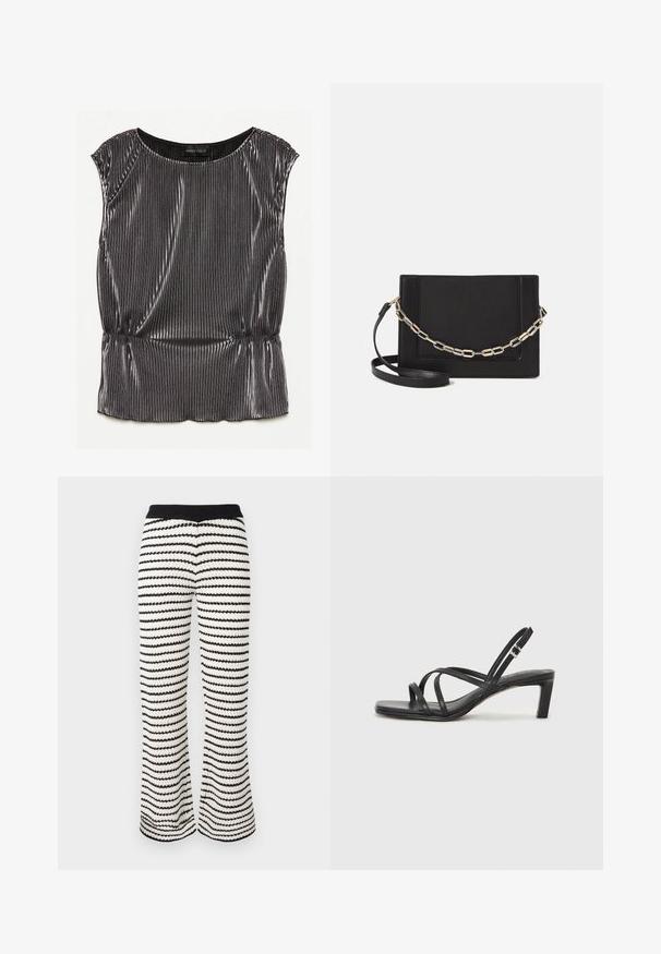 Metallic svart ermeløs topp med plissert design, rund hals og samlet nederkant. Merket "ANNA FIELD" synlig inni.; Strikkede vidbenede bukser i sort og hvide striber. Har en ribbet talje og tekstureret stof med et bølget mønster over det hele.; Sorte sandaler med stropper, firkantet tå og lav blokk hæl. Har flere tynne stropper og en justerbar ankelstropp. Laget av glatt lær.; Svart lær crossbody-veske med glatt tekstur, rektangulær form og metallkjede detaljer på framsiden. Justerbar stroppe inkludert.